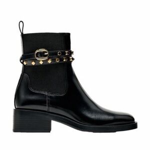 Zara Black Leather Ankle Boots with Gold Stud Detail